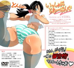 Rule 34 | 1girl, ass, back, basara, black hair, black thighhighs, breasts, cosplay, cover, dragon ball, dragonball z, dvd cover, green panties, hip focus, huge ass, issho ni training, leg lift, long hair, looking back, midriff, panties, shoes, solo, standing, stretching, striped clothes, striped panties, tan, tank top, tanline, thighhighs, thighs, translation request, trefoil, twintails, underboob, underwear, videl, wide hips, wristband