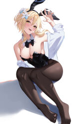 Rule 34 | 1girl, absurdres, alternate costume, animal ears, black bow, black bowtie, black leotard, black pantyhose, blonde hair, blush, bow, bowtie, breasts, cleavage, commentary, covered navel, detached collar, ekidona, fake animal ears, feet, full body, genshin impact, hair between eyes, hand up, head tilt, highres, knees up, large breasts, leaning to the side, legs, leotard, looking at viewer, lumine (genshin impact), no shoes, off shoulder, open mouth, pantyhose, playboy bunny, rabbit ears, shadow, shirt, short hair with long locks, sitting, solo, strapless, strapless leotard, teeth, toes, unbuttoned, unbuttoned shirt, white background, white shirt