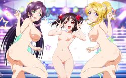Rule 34 | 3girls, ayase eli, black hair, blonde hair, blue eyes, breasts, cleft of venus, feet, green eyes, highres, love live!, love live! school idol project, low twintails, multiple girls, nipples, nude, nude filter, ponytail, purple hair, pussy, red eyes, third-party edit, tojo nozomi, twintails, uncensored, yazawa nico