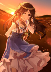 Rule 34 | 1girl, arm behind back, artist name, backlighting, blue dress, blurry, blurry background, brown eyes, brown hair, closed mouth, commentary, depth of field, dress, hand in own hair, head wreath, highres, horizon, idolmaster, idolmaster cinderella girls, jewelry, layered dress, leaning forward, long hair, looking at viewer, medium dress, nagononn, necklace, signature, smile, solo, standing, strapless, strapless dress, sun, sunset, takamori aiko, wind