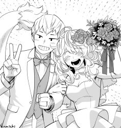 Rule 34 | 1boy, 1girl, ^ ^, arm grab, arm up, armpit peek, artist name, bare shoulders, blush, boku no hero academia, bouquet, bow, bowtie, breasts, bridal veil, bride, buttons, check clothing, cleavage, clenched hand, closed eyes, clothing cutout, dotted line, dress, elbow gloves, emphasis lines, eyelashes, flower, flower request, formal, fur-tipped tail, gloves, greyscale, grin, hagakure tooru, hair flower, hair ornament, hand up, hands up, happy, head tilt, hetero, holding, holding bouquet, jacket, jewelry, kamichi ka, lapels, leaning to the side, locked arms, looking ahead, medium breasts, medium hair, messy hair, monochrome, no sclera, notched lapels, ojiro mashirao, open mouth, pants, peony (flower), ring, shirt, short eyebrows, short hair, side-by-side, sleeveless, sleeveless dress, smile, suit, suit jacket, tail, thick eyelashes, tuxedo, unusually visible, upper body, v, veil, waistcoat, wedding, wedding dress, wedding ring, white background