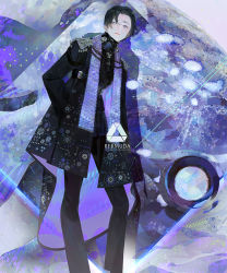 Rule 34 | 1boy, abstract, black hair, black pants, coat, fashion, grey eyes, hand in pocket, high collar, long sleeves, looking back, male focus, monster, nishihara isao, original, pants, patterned clothing, scales, shadow, short hair, stole