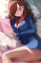 Rule 34 | 1girl, absurdres, bare legs, blush, breasts, brown hair, bursting breasts, button gap, cleavage, closed eyes, collarbone, go-toubun no hanayome, hair down, hair over one eye, highres, hiyoku, large breasts, long hair, long sleeves, lying, morning, nakano miku, on bed, on side, open mouth, pajamas, sleeping, solo, sunlight, swept bangs