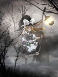 Rule 34 | 13-gou, 1girl, apron, bare tree, black footwear, black hat, black skirt, black vest, blonde hair, boots, bow, braid, closed mouth, cross-laced footwear, frilled apron, frilled skirt, frills, full body, hat, hat bow, kirisame marisa, knee boots, lace-up boots, lantern, long hair, puffy short sleeves, puffy sleeves, red eyes, shirt, short sleeves, single braid, skirt, smile, solo, touhou, tree, vest, waist apron, white apron, white bow, white shirt, witch hat
