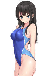 Rule 34 | 1girl, akipeko, arm behind back, arms behind back, bad id, bad twitter id, black hair, blue one-piece swimsuit, breasts, clenched hand, competition swimsuit, covered navel, cowboy shot, embarrassed, eyebrows hidden by hair, green eyes, highres, long hair, looking at viewer, medium breasts, one-piece swimsuit, original, simple background, skin tight, solo, standing, swimsuit, white background