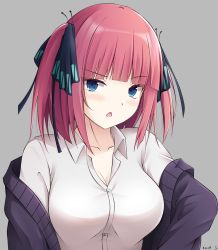 Rule 34 | 1girl, black ribbon, blue eyes, blunt bangs, blush, breasts, cleavage, collarbone, collared shirt, commentary, commission, dress shirt, english commentary, go-toubun no hanayome, grey background, hair ribbon, jacket, keenh, looking at viewer, medium breasts, nakano nino, off shoulder, open clothes, open jacket, parted lips, pink hair, purple jacket, ribbon, shirt, signature, simple background, solo, two side up, upper body, v-shaped eyebrows, white shirt