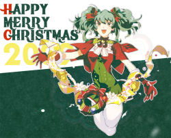 Rule 34 | 1girl, bad id, bad pixiv id, bell, brown eyes, christmas, flower, gloves, green hair, hair ribbon, original, pantyhose, red gloves, ribbon, solo, twintails, wreath, zis