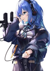 Rule 34 | 1girl, absurdres, blue eyes, blue hair, breasts, choker, from side, hand up, headphones, highres, hololive, hoshimachi suisei, hoshimachi suisei (streetwear), jacket, lace, lace choker, long hair, microphone, neck ribbon, off shoulder, official alternate hairstyle, one side up, orange nails, parted lips, pop filter, ribbon, small breasts, smile, solo, star (symbol), star in eye, symbol in eye, tsurupy, virtual youtuber, wavy hair, wire