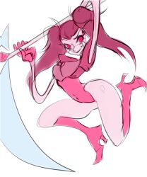 Rule 34 | 1girl, boots, colored skin, gloves, high heel boots, high heels, makeup, pink skin, potatozeu, scythe, spinel (steven universe), steven universe, thick thighs, thighs, twintails