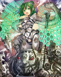 Rule 34 | 1girl, breasts, clenched hand, cloud, company name, covered navel, double bun, eikou no guardian battle, gears, genbu, green eyes, green hair, hair bun, hair ornament, highres, madogawa, matching hair/eyes, official art, open mouth, short hair, skin tight, sky, small breasts, snake, solo, yin yang