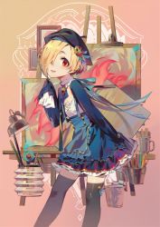 Rule 34 | 1girl, apron, art supplies, ascot, asymmetrical hair, beret, black thighhighs, blonde hair, bucket, colored pencil, commentary request, detached collar, easel, frilled skirt, frilled sleeves, frills, hair ornament, hair over one eye, hat, idolmaster, idolmaster cinderella girls, jofang, lamp, long sleeves, looking at viewer, lower teeth only, painting (object), pencil, red eyes, shirasaka koume, short eyebrows, skirt, skull hair ornament, sleeves past wrists, smile, solo, standing, suspenders, teeth, thighhighs
