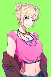 Rule 34 | 1girl, bad id, bad twitter id, blonde hair, blue eyes, blue pants, blue shirt, closed mouth, dolsig ilangnolja, double bun, green background, hair bun, highres, jacket, jewelry, looking at viewer, navel, necklace, original, pants, pink shirt, red jacket, shirt, short sleeves, simple background, smile, solo