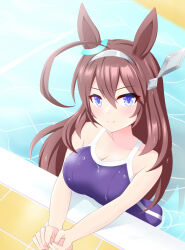 Rule 34 | 1girl, ahoge, animal ears, bare shoulders, blue eyes, blue one-piece swimsuit, blush, breasts, brown hair, cleavage, commentary request, ear ornament, gurukorian, hair between eyes, hair ornament, hairclip, highres, horse ears, horse girl, large breasts, looking at viewer, mihono bourbon (umamusume), one-piece swimsuit, pool, silver hairband, smile, solo, swimsuit, tracen swimsuit, umamusume, water