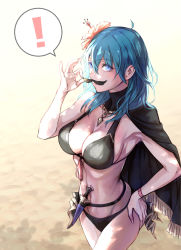 Rule 34 | !, 1girl, armpits, bikini, black bikini, black cape, blue eyes, blue hair, bracelet, breasts, byleth (female) (fire emblem), byleth (female) (summer) (fire emblem), byleth (fire emblem), cape, cleavage, closed mouth, cowboy shot, dagger, fake facial hair, fake mustache, fire emblem, fire emblem: three houses, fire emblem heroes, flower, hair between eyes, hair flower, hair ornament, hand on own hip, hibiscus, highres, jewelry, knife, large breasts, long hair, looking at viewer, navel, nintendo, official alternate costume, orange flower, sand, sheath, sheathed, solo, speech bubble, standing, swimsuit, t misaomaru, weapon