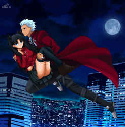 Rule 34 | 10s, 1boy, 1girl, 2015, ankle boots, archer (fate), black hair, black skirt, black thighhighs, blue eyes, boots, carrying, dark-skinned male, dark skin, dated, fate/stay night, fate (series), full moon, hair ribbon, highres, holding, long hair, moon, night, nihility, outdoors, pleated skirt, princess carry, ribbon, short hair, silver hair, skirt, thighhighs, tohsaka rin, twintails