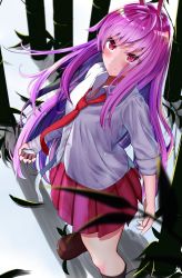 Rule 34 | 1girl, absurdres, animal ears, bamboo, bandaged arm, bandages, black thighhighs, blouse, blush, buttons, collared shirt, eyes visible through hair, floating hair, from above, garaudon, highres, leaf, light purple hair, long hair, looking up, necktie, pleated skirt, purple hair, rabbit ears, red eyes, red necktie, red skirt, reisen udongein inaba, shirt, short sleeves, skirt, solo, thighhighs, touhou, white shirt