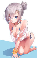 Rule 34 | 1girl, all fours, alternate hairstyle, anchor, anchor necklace, anchor symbol, bikini, blue eyes, blush, breasts, cleavage, commentary request, eyes visible through hair, hair ornament, hairclip, hamakaze (kancolle), highres, jewelry, kantai collection, konnyaku (kk-monmon), large breasts, looking at viewer, necklace, ponytail, scrunchie, side-tie bikini bottom, signature, silver hair, smile, solo, swimsuit, white bikini, wrist scrunchie
