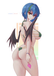 Rule 34 | 1girl, absurdres, ass, bikini, bikini bottom only, blue hair, breasts, condom, condom wrapper, demon girl, demon wings, from behind, heart pasties, high school dxd, highres, holding, holding condom, large breasts, looking at viewer, looking back, melowh, multicolored hair, pasties, raised eyebrows, short hair, sideboob, simple background, skindentation, smile, solo, streaked hair, swimsuit, thong bikini, white background, wings, xenovia quarta, yellow eyes