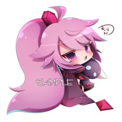 Rule 34 | 1girl, ahoge, black cape, black thighhighs, blush, cape, character request, chestnut mouth, commentary request, hair between eyes, hair ornament, head tilt, high ponytail, holding, holding stuffed toy, long hair, looking at viewer, looking back, muuran, open mouth, pink hair, ponytail, purple eyes, sample watermark, shironeko project, sidelocks, simple background, sitting, solo, stuffed animal, stuffed toy, thighhighs, very long hair, watermark, white background