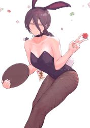 Rule 34 | 1girl, 900p, absurdres, alternate costume, animal ears, bare arms, bare shoulders, black choker, black hair, black leotard, blush, breasts, chainsaw man, choker, closed mouth, commentary, dice, fake animal ears, fake tail, grenade pin, hair between eyes, highres, leotard, looking at viewer, pantyhose, playboy bunny, poker chip, rabbit ears, rabbit tail, reze (chainsaw man), short hair, smile, solo, strapless, strapless leotard, symbol-only commentary, tail, tray, v, white background