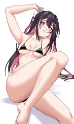 1girl arm_up azki_(hololive) barefoot bikini bikini_top_only black_bikini black_hair blush bottomless breasts closed_mouth collarbone colored_inner_hair commentary_request highres hololive knee_up long_hair looking_at_viewer medium_breasts micro_bikini multicolored_hair pink_hair purple_eyes shirayuiii simple_background sitting smile solo streaked_hair swimsuit thighs virtual_youtuber white_background