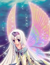 Rule 34 | 1girl, fairy, gradient background, long hair, lowres, nishiwaki yuuri, purple eyes, ribbon, white hair, wings