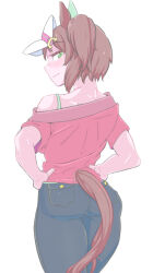 Rule 34 | 1girl, alternate costume, animal ears, ass, bare shoulders, brown hair, clothing cutout, commentary request, denim, ear covers, from behind, green eyes, horse ears, horse girl, horse tail, ines fujin (umamusume), jeans, looking back, off-shoulder shirt, off shoulder, pants, red shirt, shirt, short sleeves, side ponytail, simple background, single bare shoulder, single ear cover, smile, solo, tail, tail through clothes, umamusume, visor cap, white background, yaki apple