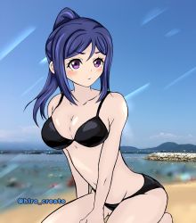 Rule 34 | 1girl, absurdres, artist name, artist request, bare legs, barefoot, beach, bikini, black bikini, blue hair, blue sky, blush, breasts, cloud, day, feet, feet out of frame, female focus, hair between eyes, high ponytail, highres, long hair, looking at viewer, love live!, love live! sunshine!!, matsuura kanan, ocean, outdoors, parted lips, ponytail, purple eyes, sitting, sky, small breasts, smile, solo, string bikini, swimsuit, v-shaped eyebrows