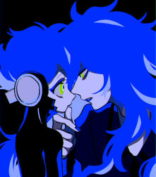 Rule 34 | 2boys, black background, blending, blue hair, blue lips, blue nails, bomuchi, brothers, chromatic aberration, eye contact, flat color, hand on another&#039;s chin, headphones, highres, idia shroud, incest, limited palette, long hair, long sleeves, looking at another, male focus, multiple boys, nail polish, ortho shroud, parted lips, short hair, siblings, simple background, twisted wonderland, upper body, yellow eyes