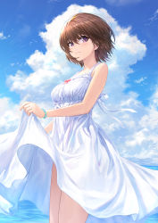 Rule 34 | 1girl, blush, bracelet, breasts, brown hair, closed mouth, cloud, cloudy sky, day, dress, guchico, jewelry, looking at viewer, medium breasts, ocean, original, outdoors, purple eyes, short hair, skirt hold, sky, sleeveless, sleeveless dress, smile, solo, standing, sundress, thighs, white dress