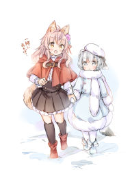 Rule 34 | 2girls, :d, :o, animal ears, black skirt, black socks, blue coat, blue footwear, blush, boots, brown hair, capelet, center frills, coat, commentary request, fang, frilled skirt, frills, fur-trimmed sleeves, fur collar, fur trim, grey eyes, grey hair, holding hands, hood, hood down, hooded capelet, kneehighs, long hair, long sleeves, mittens, multiple girls, open mouth, original, pantyhose, parted lips, pink hair, pleated skirt, red capelet, red footwear, shirt, skirt, smile, snow, socks, tail, translation request, walking, wataame27, white legwear, white mittens, white shirt, wolf ears, wolf girl, wolf tail
