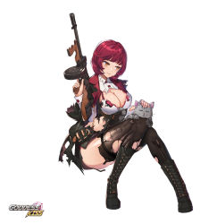 Rule 34 | 1girl, black coat, black footwear, blush, boots, bra, breasts, brown thighhighs, cat, cleavage, closed mouth, coat, cross-laced footwear, drum magazine, goddess kiss, gun, headpat, highres, holding, holding gun, holding weapon, invisible chair, knees together feet apart, large breasts, long sleeves, looking away, magazine (weapon), milyu, orange eyes, red bra, red hair, short hair, simple background, sitting, solo, submachine gun, thighhighs, thompson submachine gun, torn clothes, torn thighhighs, trigger discipline, underwear, weapon, white background