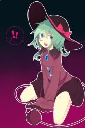Rule 34 | !, !!, 1girl, akimaki yuu, alternate color, aqua eyes, bare legs, black background, black hat, black skirt, bow, frilled sleeves, frills, full body, gradient background, green hair, hair between eyes, hat, hat bow, highres, komeiji koishi, long hair, looking at viewer, open mouth, purple background, red bow, sitting, skirt, sleeves past wrists, solo, spoken exclamation mark, third eye, touhou