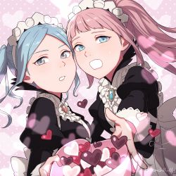 Rule 34 | 2girls, absurdres, apron, black dress, blue eyes, blue hair, blush, breasts, brooch, candy, center frills, chocolate, chocolate heart, commentary, dress, english commentary, fang, felicia (fire emblem), fire emblem, fire emblem fates, flora (fire emblem), food, forehead, frills, grey eyes, heart, highres, jewelry, juliet sleeves, long hair, long sleeves, looking at viewer, maid, maid headdress, medium breasts, multiple girls, nintendo, open mouth, outstretched arm, peach11 01, pink hair, ponytail, puffy sleeves, reaching, reaching towards viewer, siblings, sisters, skin fang, sweatdrop, twins, twintails, twitter username, upper body, valentine, waist apron, white apron