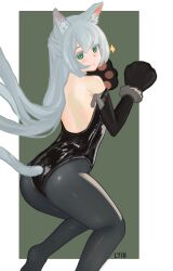 Rule 34 | 1girl, animal ear fluff, animal ears, animal hands, arknights, ass, bare shoulders, cat ears, cat paws, cat tail, closed mouth, green eyes, highres, leotard, long hair, looking at viewer, lyib, pantyhose, playboy bunny, rosmontis (arknights), simple background, solo, tail, thighs, white hair