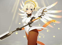 Rule 34 | 1girl, :d, blonde hair, blue eyes, breasts, cowboy shot, gloves, grey background, halo, high ponytail, kuroonehalf, light rays, looking at viewer, mechanical halo, mechanical wings, medium breasts, mercy (overwatch), open mouth, overwatch, overwatch 1, pantyhose, ponytail, signature, smile, solo, staff, wings