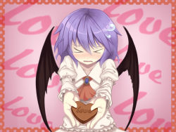 Rule 34 | &gt; &lt;, 1girl, ascot, bad id, bad pixiv id, bat wings, blush, brooch, candy, chocolate, chocolate heart, collarbone, cyoujineko, closed eyes, female focus, food, gift, heart, holding, holding gift, incoming gift, jewelry, no headwear, no headwear, purple hair, remilia scarlet, solo, touhou, upper body, valentine, wings