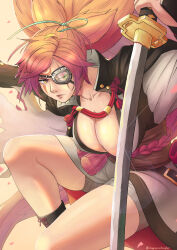 Rule 34 | 1girl, absurdres, amputee, arc system works, baiken, bandages, big hair, breasts, cleavage, collarbone, dagremcdougler, eyepatch, facepaint, facial tattoo, fighting stance, guilty gear, guilty gear strive, highres, holding, holding sword, holding weapon, japanese clothes, katana, kimono, large breasts, legs, long hair, mature female, multicolored clothes, multicolored kimono, one-eyed, open clothes, open kimono, pink hair, ponytail, samurai, scar, scar across eye, scar on face, serious, simple background, solo, solo focus, sword, tattoo, thighs, torn sleeve, twitter username, weapon