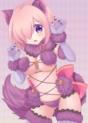Rule 34 | 1girl, animal ears, blush, bow, breasts, claw pose, claws, cleavage, cowboy shot, craft essence (fate), elbow gloves, fang, fate/grand order, fate (series), fur, fur-trimmed gloves, fur-trimmed legwear, fur collar, fur trim, gloves, hair over one eye, halloween, highres, jewelry, lace, lace-trimmed legwear, lace trim, light purple hair, looking at viewer, mash kyrielight, mash kyrielight (dangerous beast), navel, official alternate costume, open mouth, pin, pink bow, purple eyes, purple gloves, revealing clothes, shinonome86, short hair, solo, tail, thighhighs, type-moon, underboob, underwear, wolf ears, wolf tail