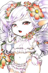Rule 34 | 1girl, breasts, commentary request, contrapposto, cowboy shot, fang, fewer digits, flower, gloves, hair flower, hair ornament, highres, league of legends, long hair, navel, open mouth, otani (kota12ro08), plump, pointy ears, poppy (league of legends), red eyes, red flower, simple background, skin fang, small breasts, solo, standing, traditional media, twintails, white background, white gloves, white hair, yordle