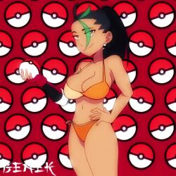 Rule 34 | 1girl, alternate breast size, animated, artist name, benek, bikini, bikini under clothes, black hair, bouncing breasts, breasts, creatures (company), dark-skinned female, dark skin, freckles, game freak, gloves, green hair, hand on own hip, holding, holding poke ball, large breasts, looking at viewer, multicolored hair, navel, nemona (pokemon), nintendo, orange bikini, orange eyes, poke ball, pokemon, pokemon sv, ponytail, seductive smile, shorts, side-tie bikini bottom, single glove, smile, solo, standing, streaked hair, swimsuit, symbol-shaped pupils, tagme, two-tone hair, video