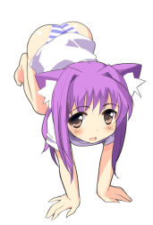 Rule 34 | 1girl, all fours, animal ears, ass, blue panties, blush, bottomless, cat ears, cat girl, female focus, no pants, original, panties, pink eyes, purple hair, shirt, sikorsky, simple background, solo, striped clothes, striped panties, underwear, white background