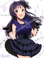 Rule 34 | 10s, 1girl, black hair, blue eyes, dress, fingerless gloves, gloves, idolmaster, idolmaster million live!, instrument, jewelry, keyboard (instrument), long hair, looking at viewer, microphone, mogami shizuka, necklace, open mouth, pearl necklace, ryuusei (ryuse1116), smile, solo