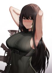 Rule 34 | 1girl, armpits, arms behind head, arms up, assault rifle, bare arms, bare shoulders, belt, black hair, black sweater, blush, breasts, brown eyes, cero (last2stage), commission, girls&#039; frontline, gradient background, gun, highres, large breasts, long hair, looking at viewer, m4 carbine, m4a1 (girls&#039; frontline), m4a1 (mod3) (girls&#039; frontline), mod3 (girls&#039; frontline), nose blush, ribbed sweater, rifle, sleeveless, sleeveless sweater, smile, solo, steam, sweat, sweater, taut clothes, taut sweater, upper body, very long hair, weapon, white background