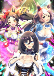 Rule 34 | + +, 3girls, animal ears, black hair, blue eyes, blush, breasts, brown eyes, brown hair, cleavage, cleavage cutout, clothing cutout, collarbone, commentary request, detached sleeves, dress, eishin flash (umamusume), fang, hair between eyes, hair ornament, heart, heart hands, highres, horse ears, horse girl, long hair, looking at viewer, marvelous sunday (umamusume), medium breasts, medium hair, multiple girls, one eye closed, open mouth, sparkle, tomotan (pixiv 30448887), twintails, umamusume, yamanin zephyr (umamusume), yellow eyes