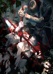 Rule 34 | 2boys, absurdres, aikawa kanami, arm up, arms up, belt, black coat, black eyes, black hair, black legwear, blood, blood on clothes, blood on face, blood splatter, blood sword, book, chain, character request, closed mouth, coat, disembodied limb, facing another, feet out of frame, fingerless gloves, flower, food, fruit, gloves, grey gloves, hair between eyes, head down, highres, holding, holding book, holding sword, holding weapon, interlocked fingers, isekai meikyuu no saishinbu wo mezasou, kneeling, leaf, long sleeves, looking at another, lying, messy hair, multiple boys, on back, own hands clasped, own hands together, robe, scar, scar on face, shirt, short hair, stab, sword, ukai saki, upper body, weapon, white flower, white robe, white shirt