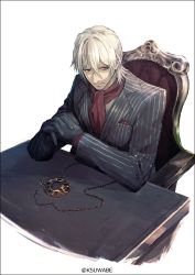 Rule 34 | 1boy, antonio salieri (fate), antonio salieri (second ascension) (fate), black gloves, blonde hair, closed mouth, desk, expressionless, fate/grand order, fate (series), formal, gloves, hair between eyes, k-suwabe, long sleeves, looking at viewer, male focus, own hands together, pinstripe pattern, pinstripe suit, red eyes, red scarf, scarf, short hair, silver hair, sitting, solo, striped, suit, twitter username