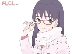 Rule 34 | 1girl, blush, closed mouth, copyright name, flcl, glasses, kaika, long hair, looking at viewer, ninamori eri, purple hair, scarf, simple background, smile, solo, white background
