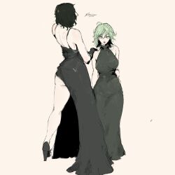 2girls back bare_shoulders black_dress black_hair bon_drawr dress elbow_gloves fubuki_(one-punch_man) full_body gloves green_hair hair_between_eyes halter_dress halterneck hand_on_another&#039;s_shoulder hashtag-only_commentary high_heels highres looking_at_viewer multiple_girls one-punch_man red_lips short_hair side_slit simple_background tatsumaki