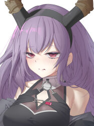 Rule 34 | 1girl, :t, arknights, bare shoulders, black dress, black jacket, blush, breasts, cleavage cutout, clothing cutout, commentary, disgust, dress, glaring, highres, horns, jacket, kimo suna, large breasts, long hair, looking at viewer, off shoulder, pink eyes, purple hair, simple background, solo, typhon (arknights), upper body, white background